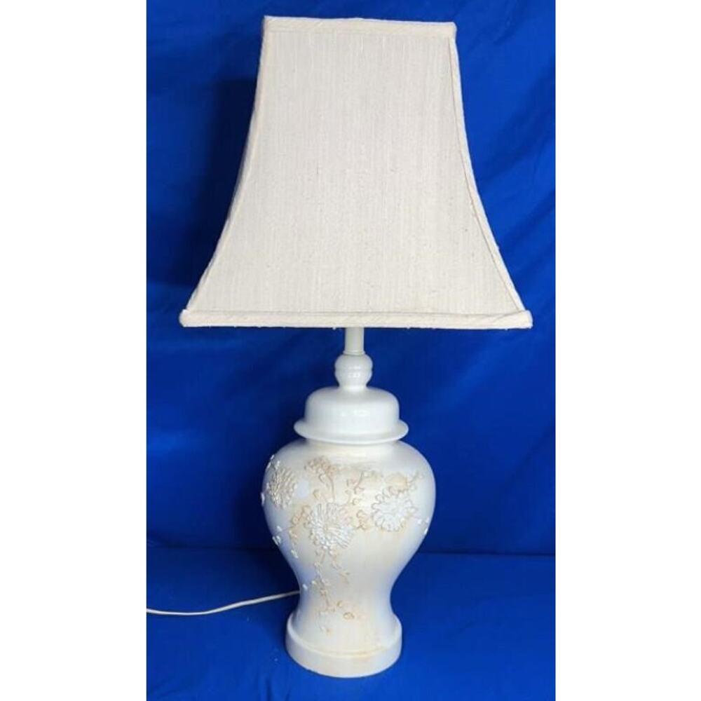 Vintage Ginger Jar Table Lamp w/ Floral Relief & Square Shade 28" Tall Works